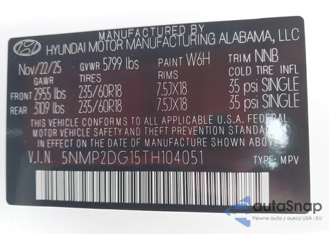 2026 Hyundai Santa Fe Hybrid Sel z USA, uszkodzony, nr VIN 5NMP2DG15TH104051